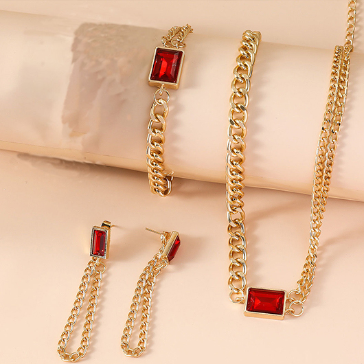 Red Rectangle Alloy Earrings Necklace and Bracelet