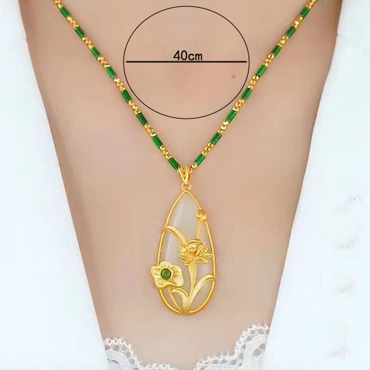 Golden Teardrop Floral Design Metal Necklace