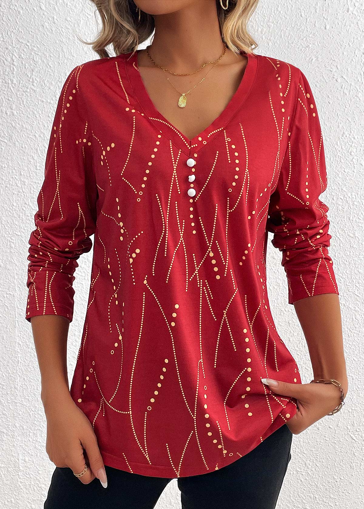 Wine Red Button Geometric Print Long Sleeve T Shirt
