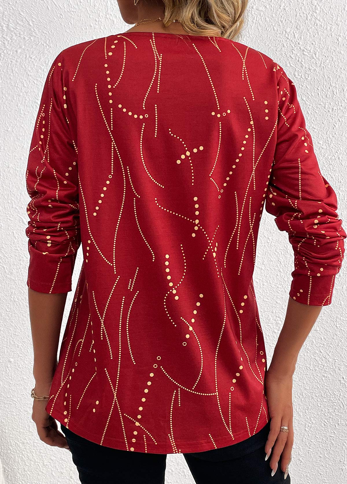 Wine Red Button Geometric Print Long Sleeve T Shirt