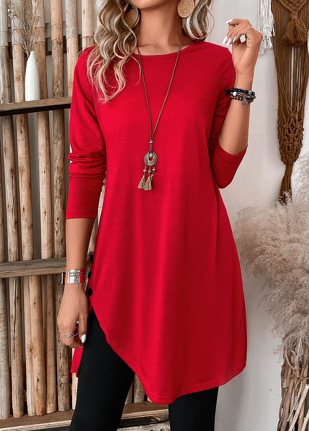 Red Button Short Long Sleeve Round Neck Shift Dress