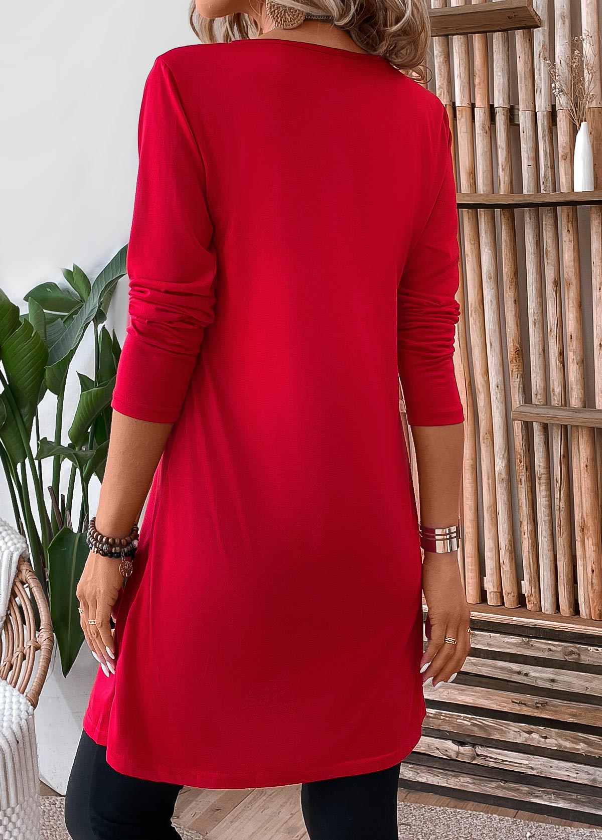 Red Button Short Long Sleeve Round Neck Shift Dress