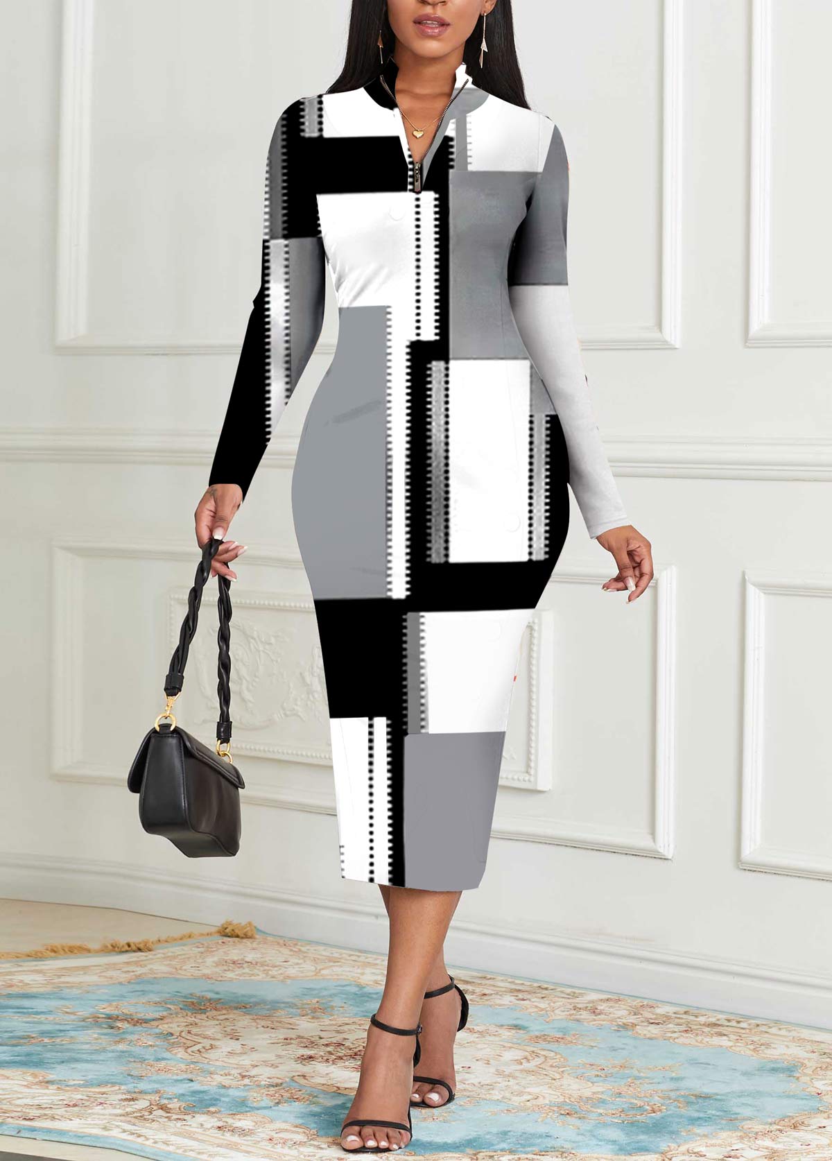 Grey Zipper Geometric Print Long Sleeve Bodycon Dress
