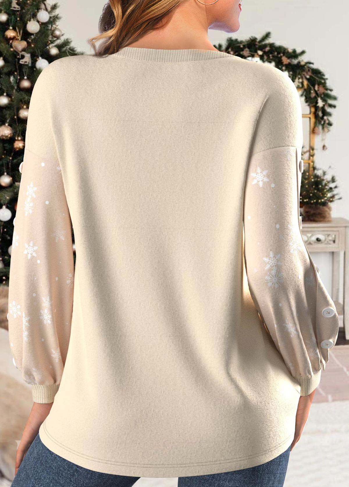 Light Camel Button Christmas Print Long Sleeve Sweatshirt