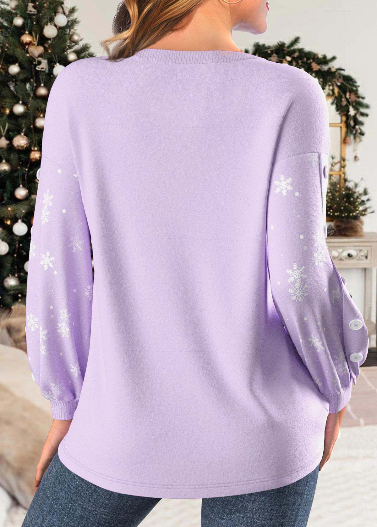 Light Purple Button Christmas Print Long Sleeve Sweatshirt