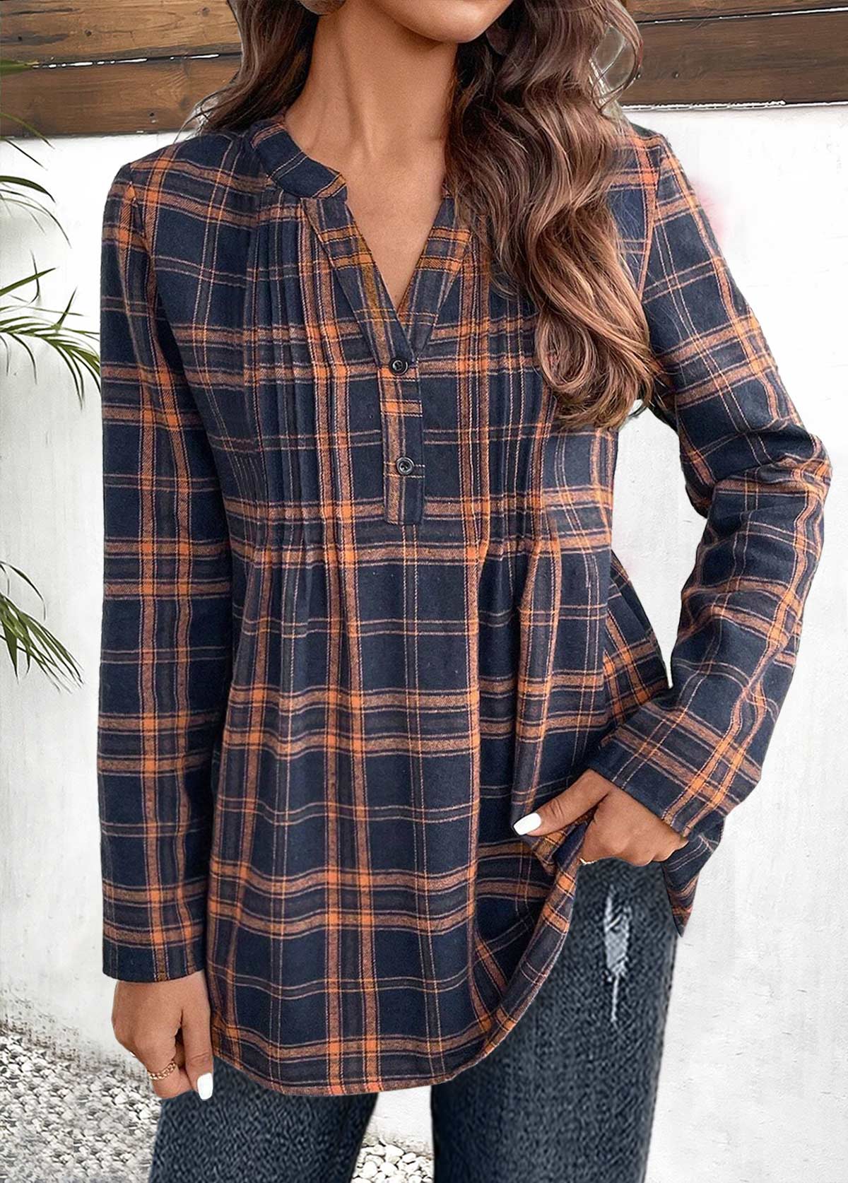 Navy Tuck Stitch Plaid Long Sleeve Split Neck Blouse | picture 
