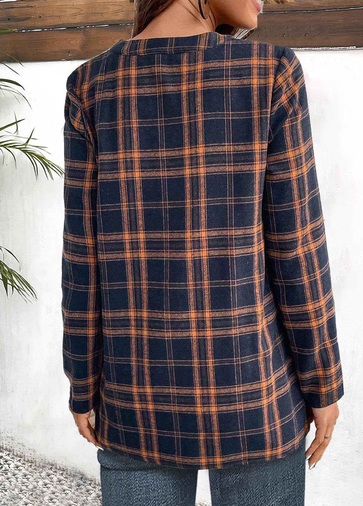 Navy Tuck Stitch Plaid Long Sleeve Split Neck Blouse | picture 