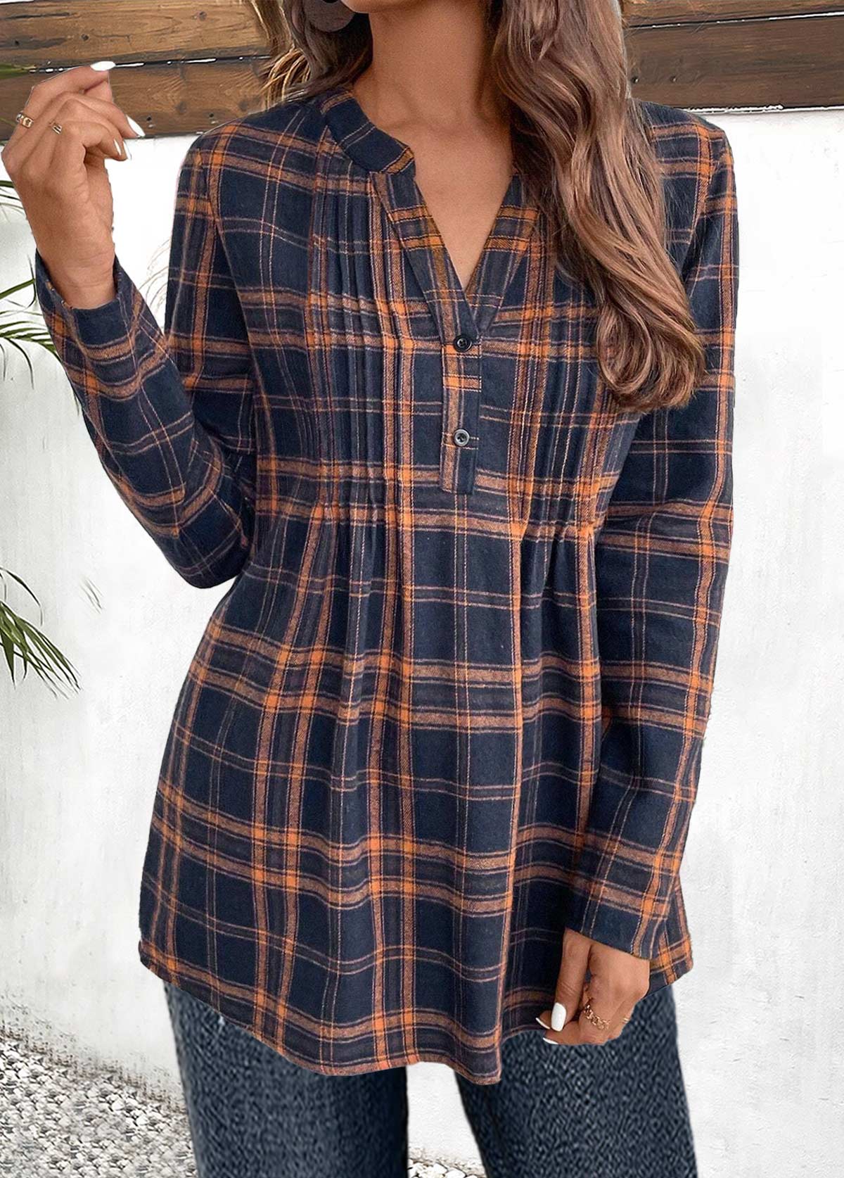 Navy Tuck Stitch Plaid Long Sleeve Split Neck Blouse | picture 