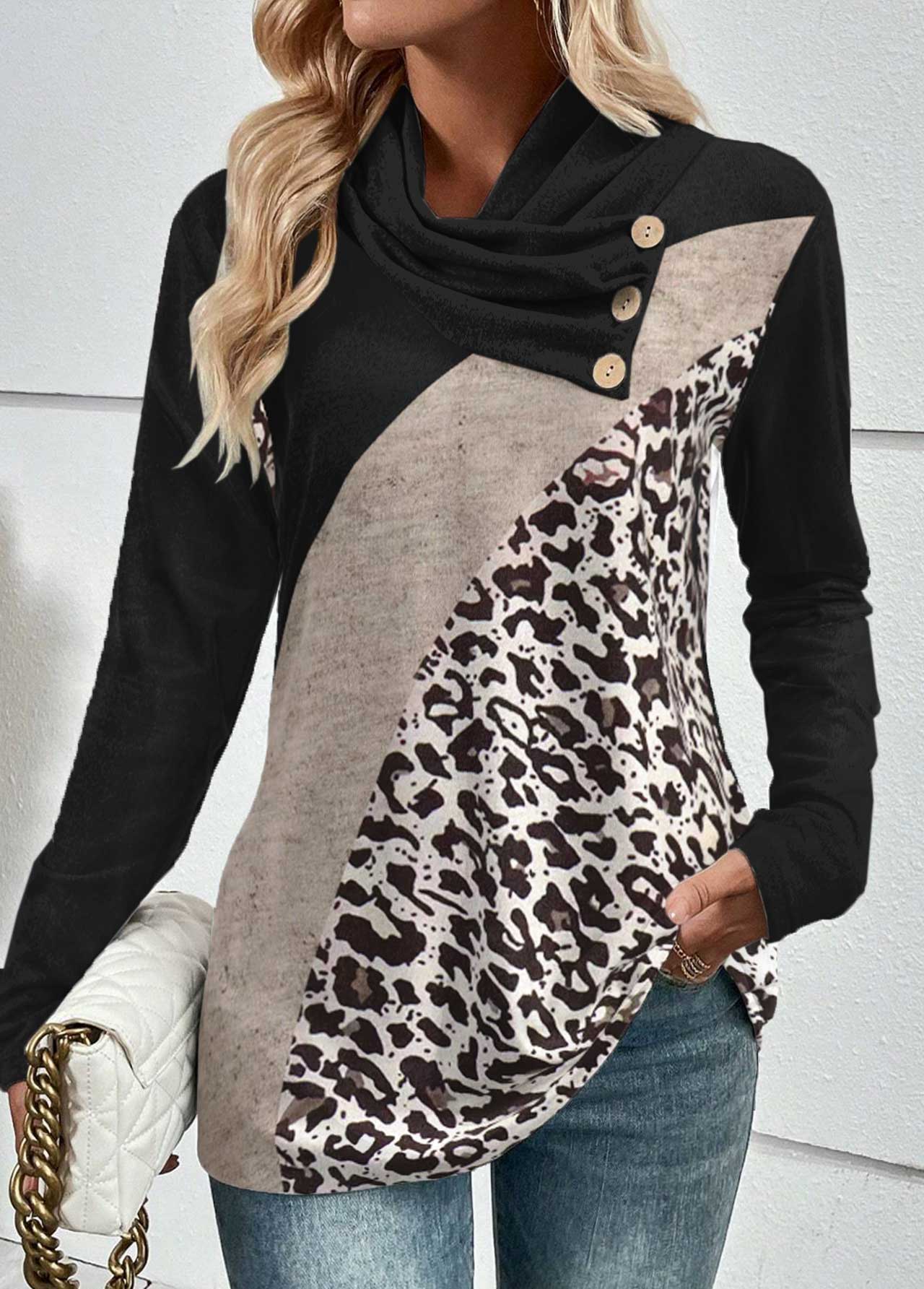 Button Leopard Long Sleeve Asymmetrical Neck Sweatshirt