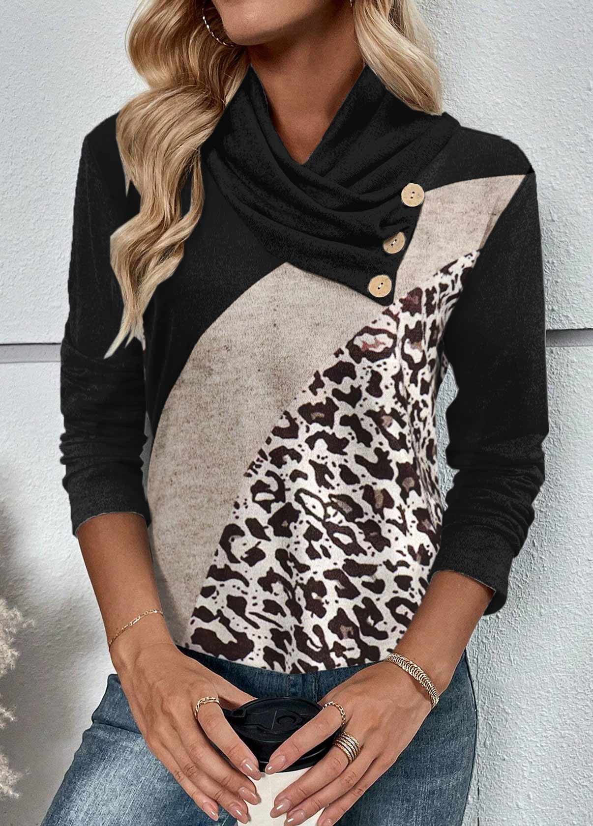 Button Leopard Long Sleeve Asymmetrical Neck Sweatshirt