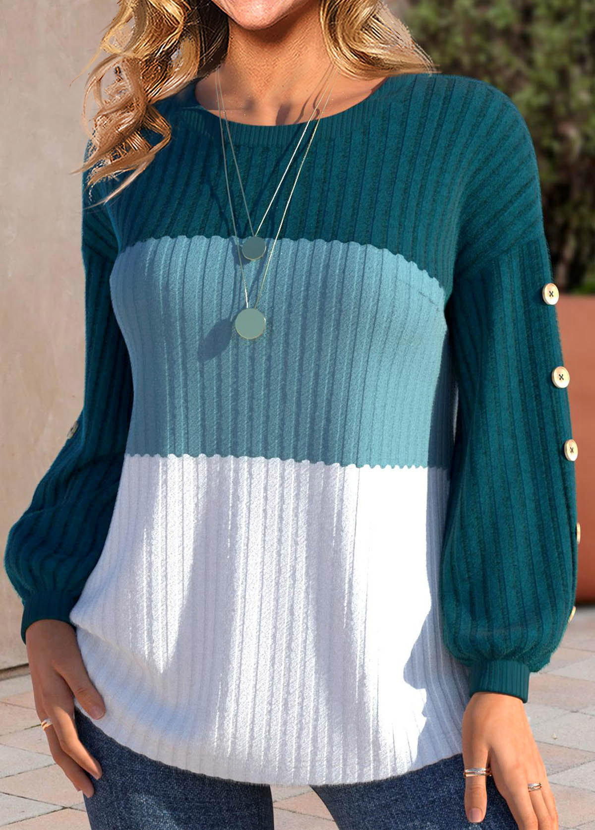 Turquoise Patchwork Long Sleeve Round Neck Sweatshirt
