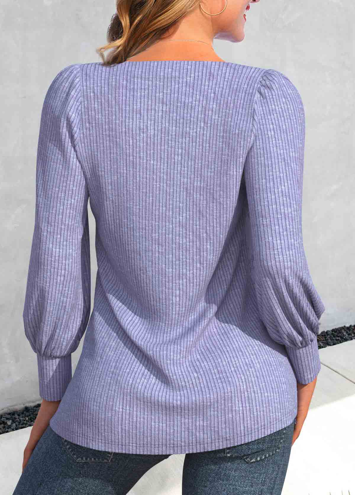 Light Purple Lace Long Sleeve Square Neck T Shirt