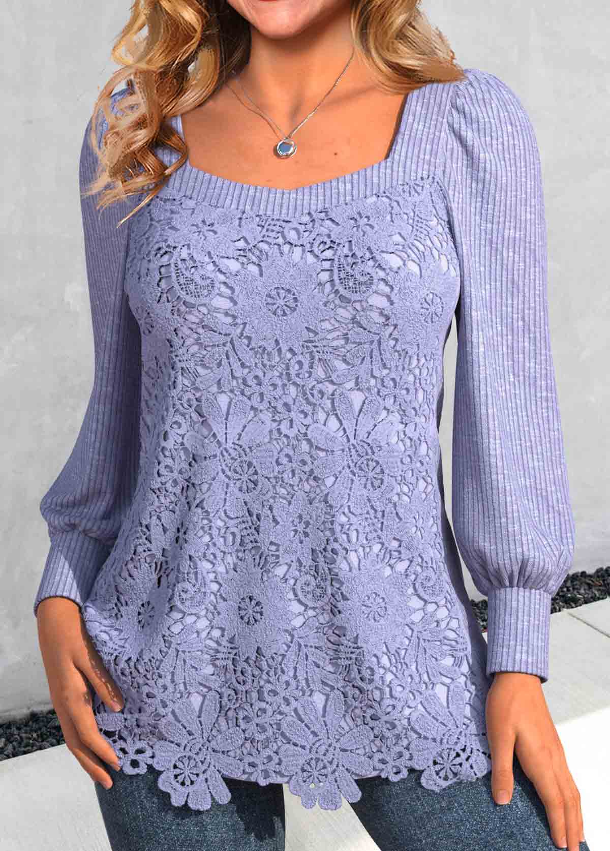 Light Purple Lace Long Sleeve Square Neck T Shirt