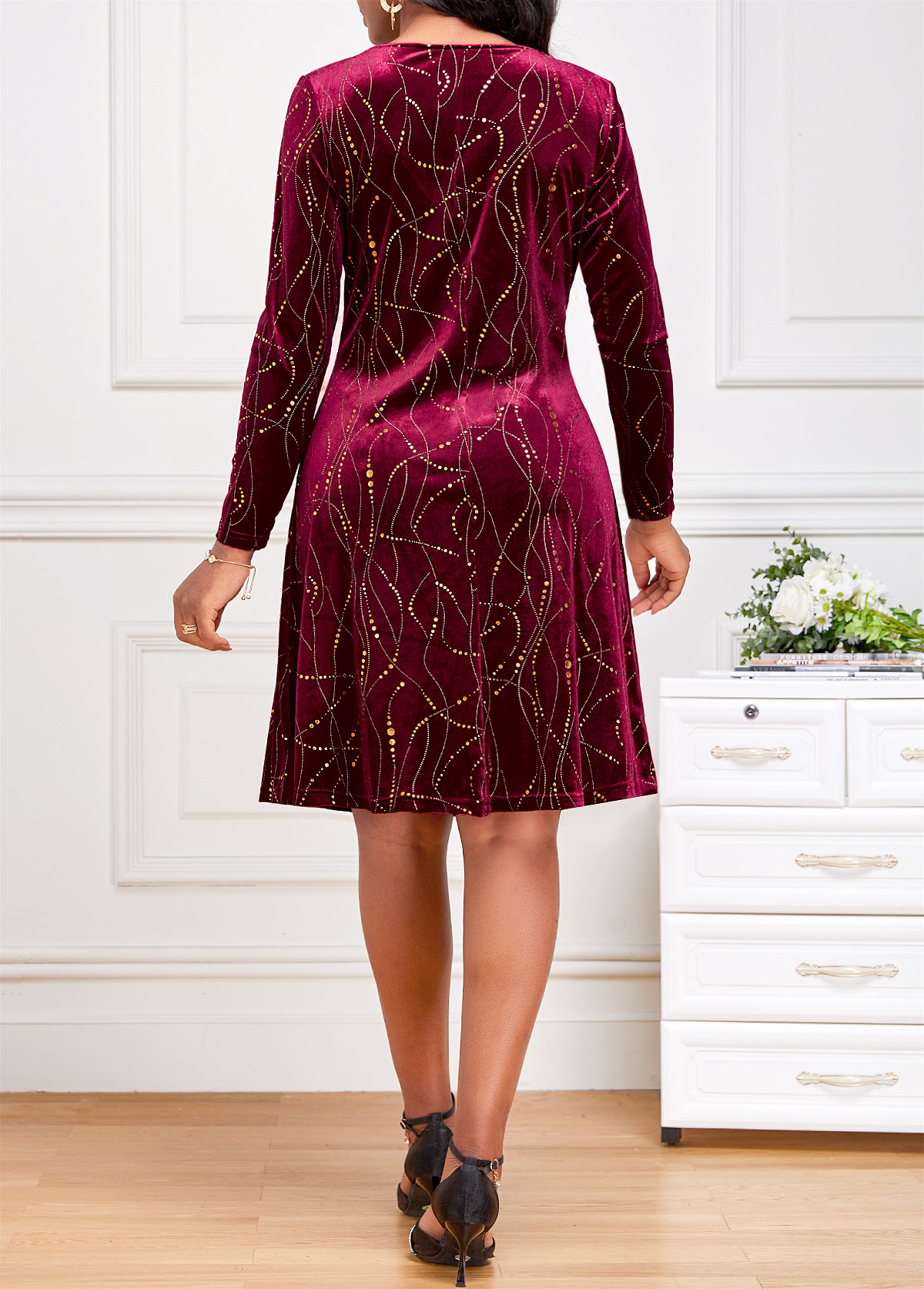 Wine Red Velvet Geometric Print Long Sleeve Dress