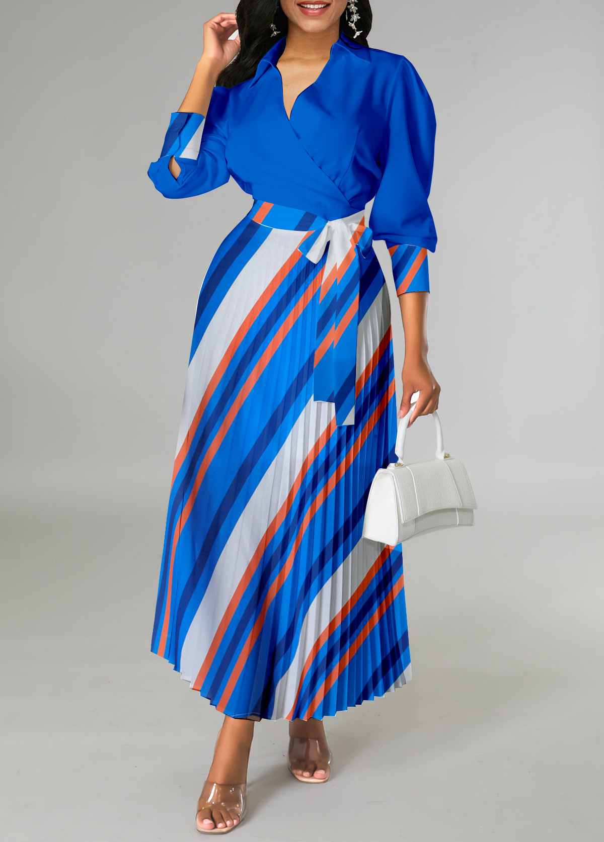 Royal Blue Pleated Striped Belted Cross Collar Dress