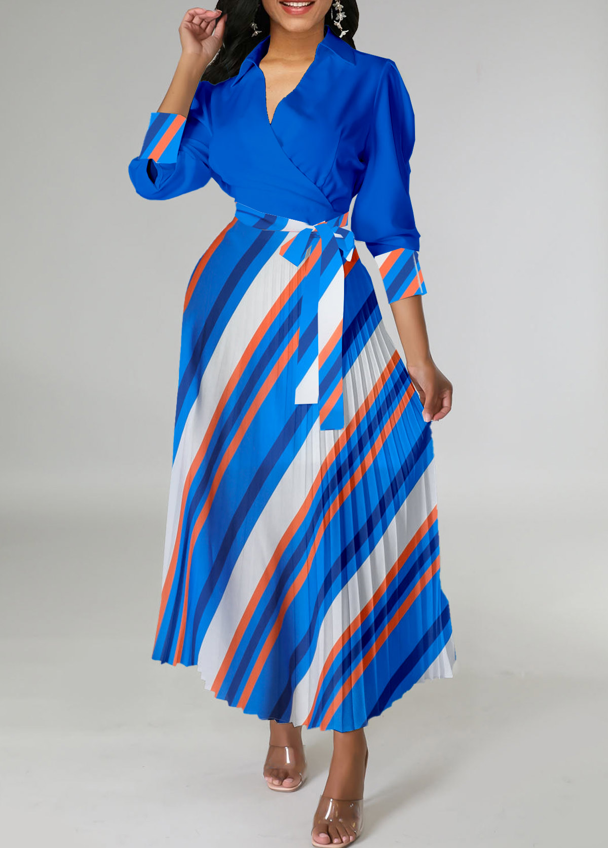 Royal Blue Pleated Striped Belted Cross Collar Dress