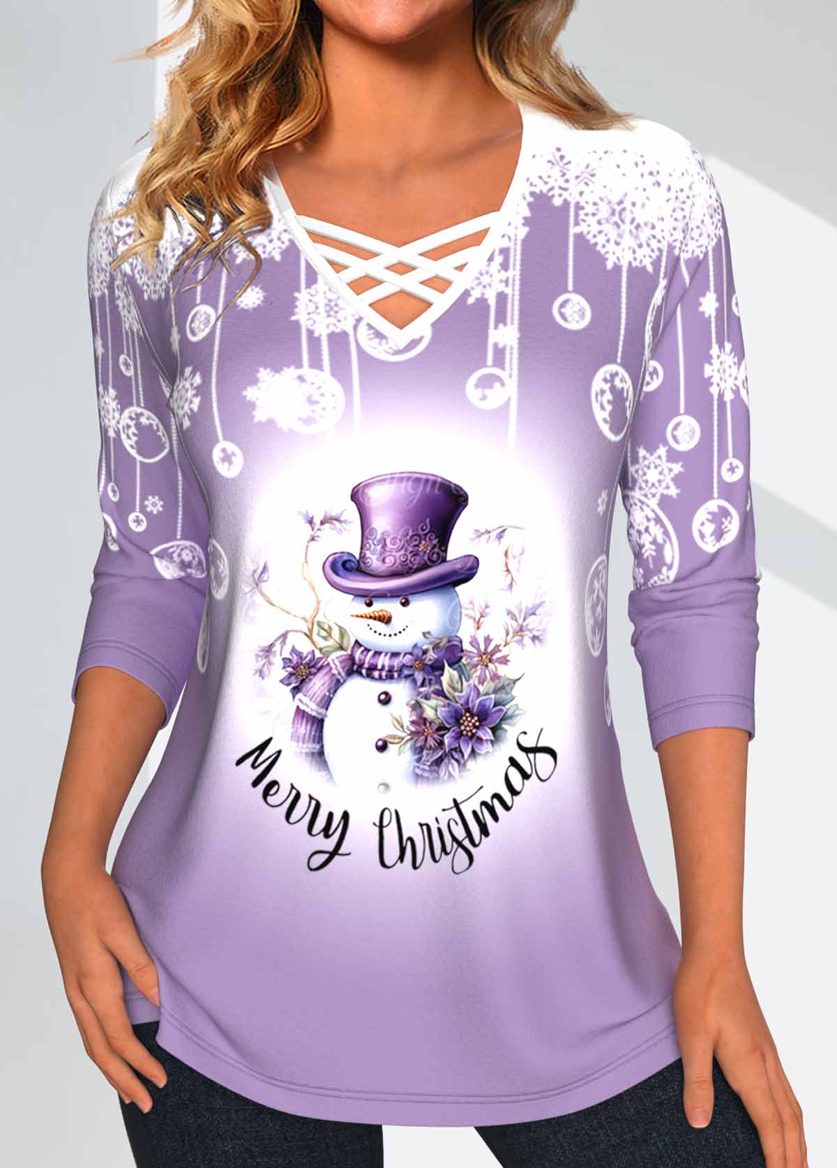 Light Purple Criss Cross Snowman Print Christmas T Shirt