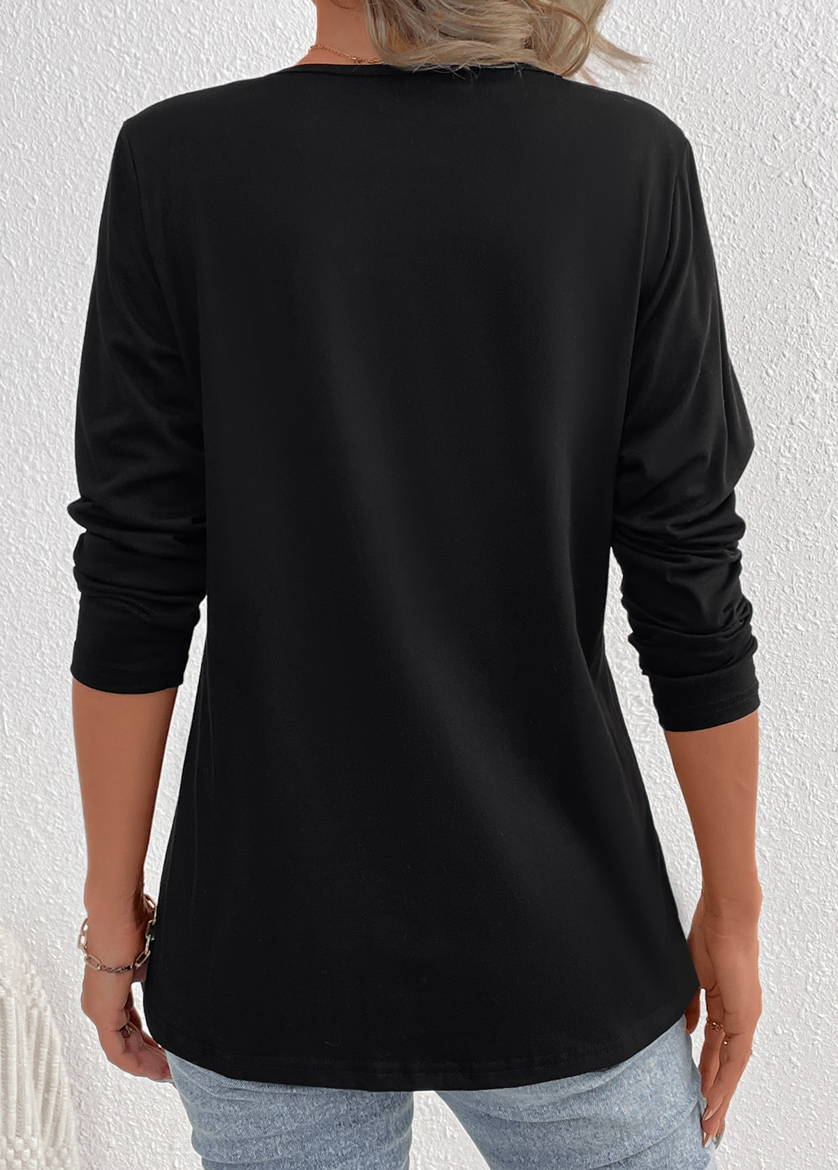 Black Button Long Sleeve Round Neck T Shirt