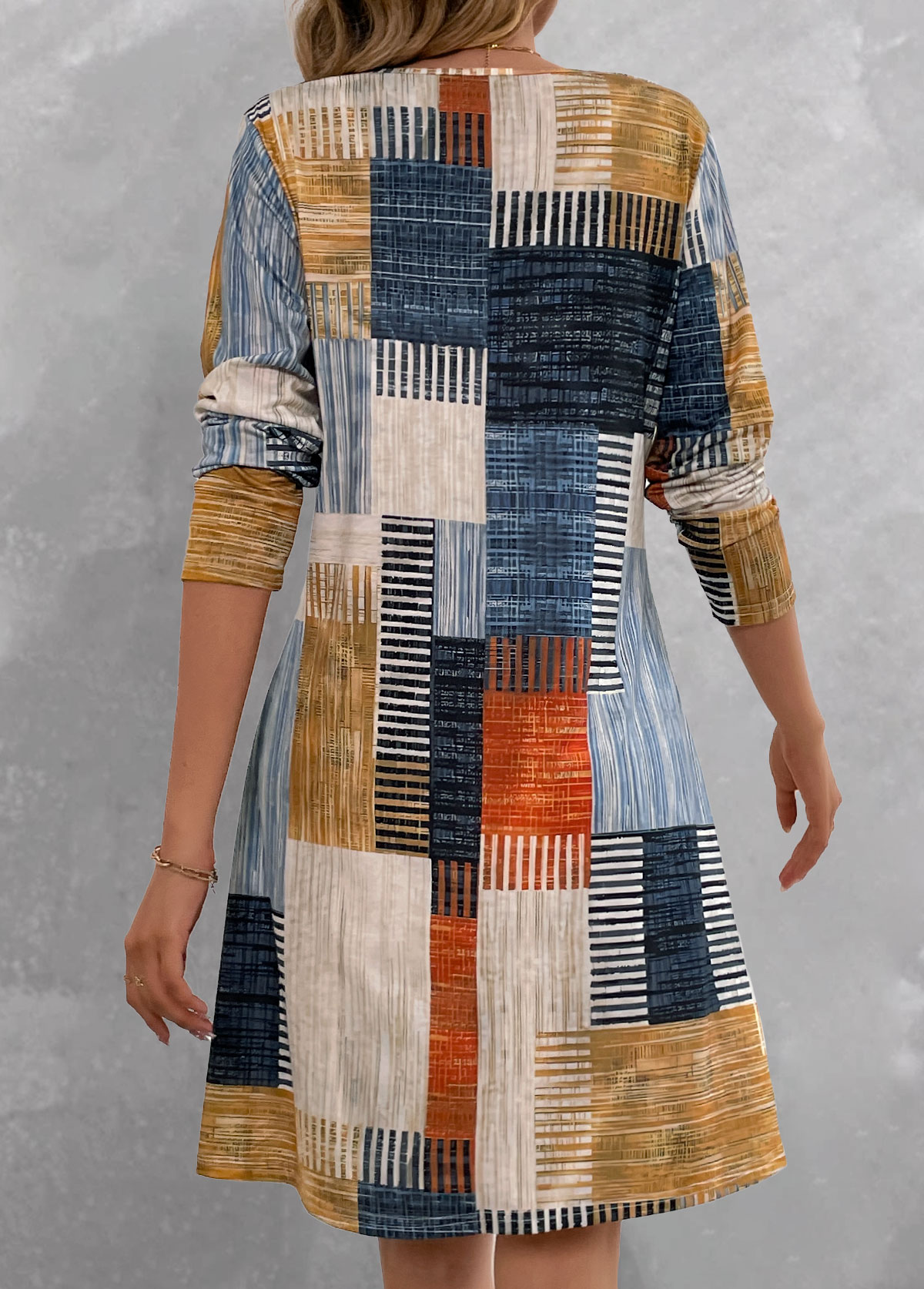 Multi Color Geometric Print A Line Long Sleeve Dress
