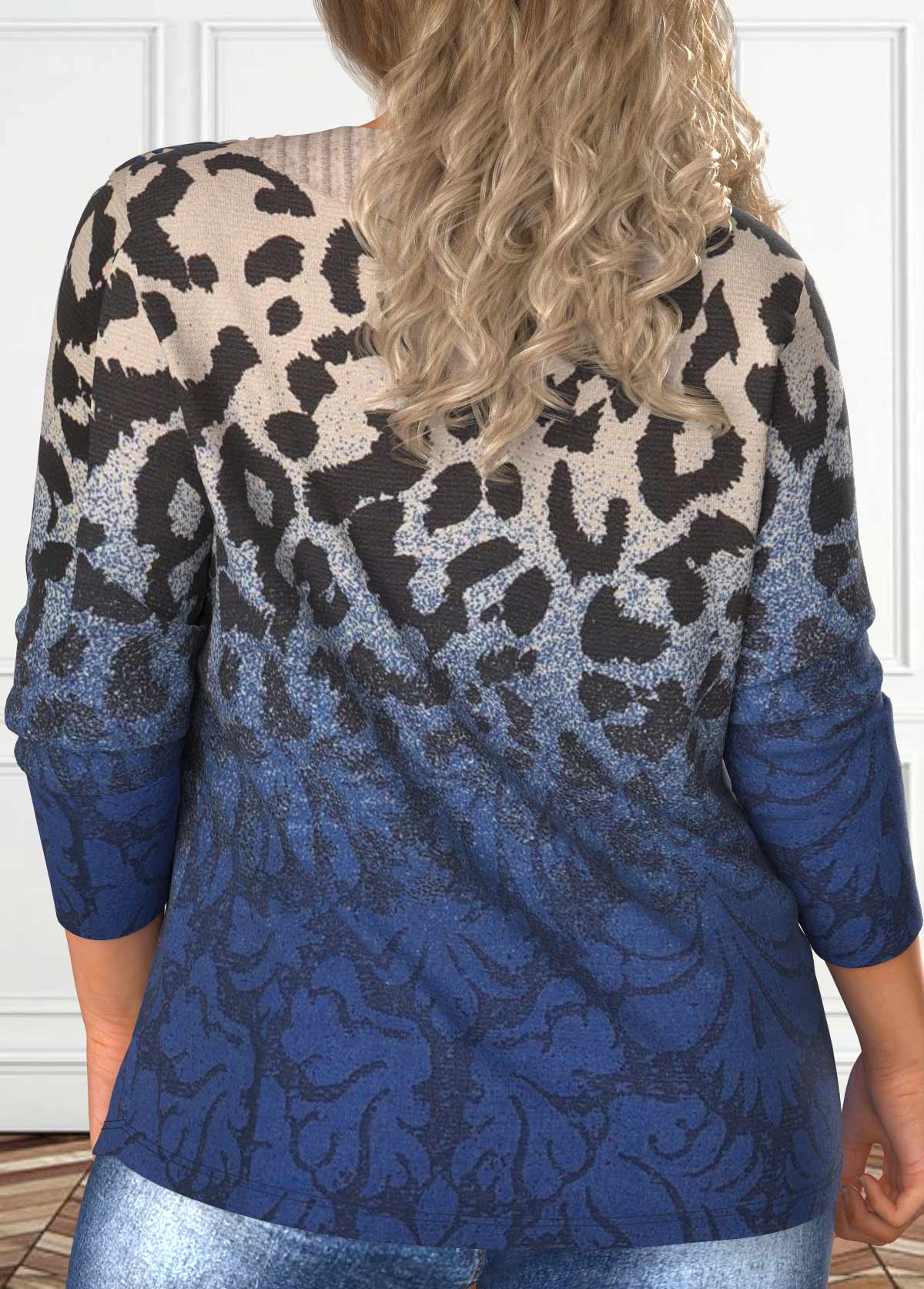 Dark Blue Asymmetry Plus Size Leopard T Shirt