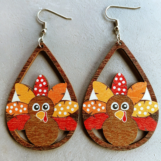 Dark Coffee Turkey Print Design Wooden Earrings
