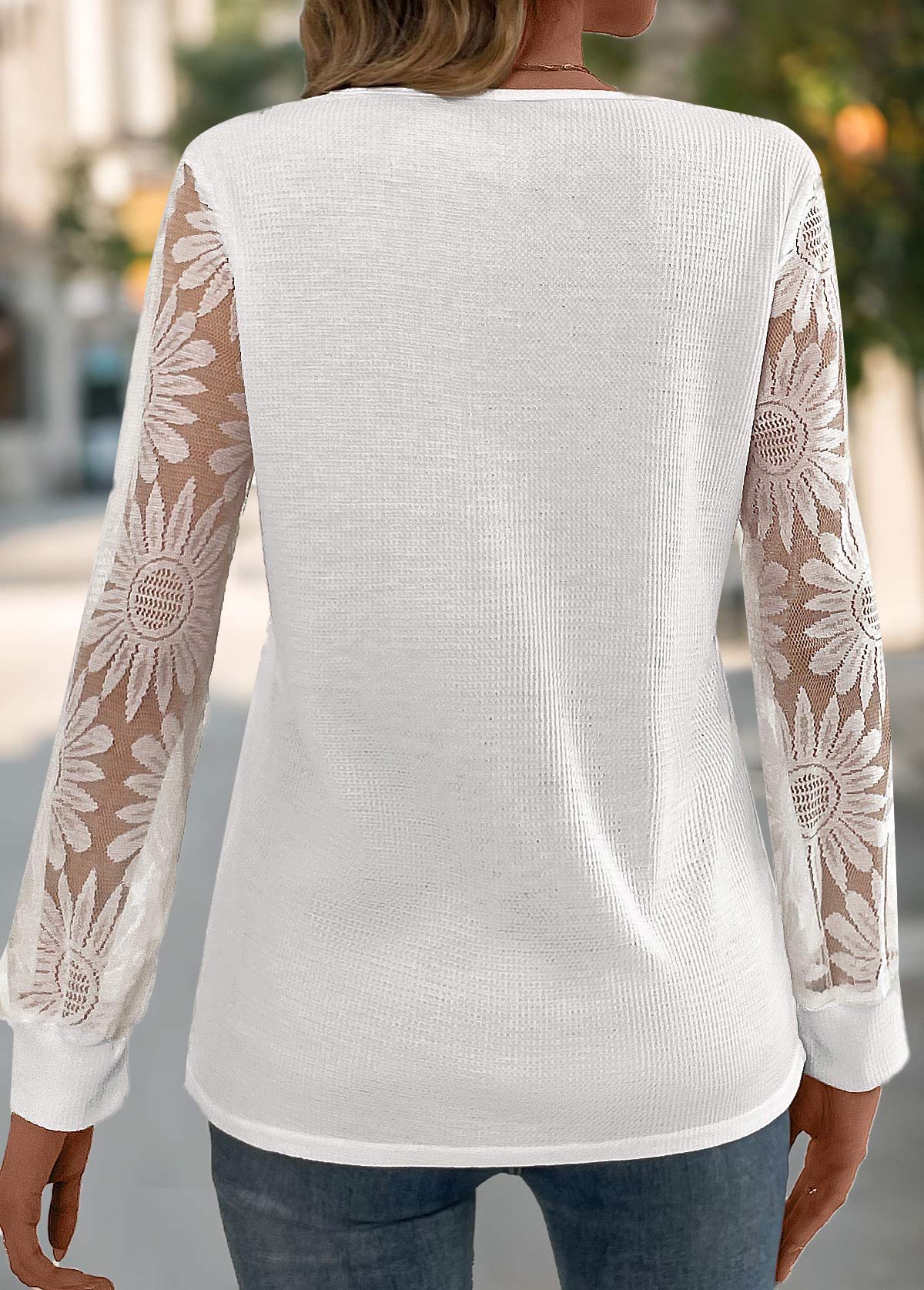 White Lace Sunflower Print Long Sleeve T Shirt