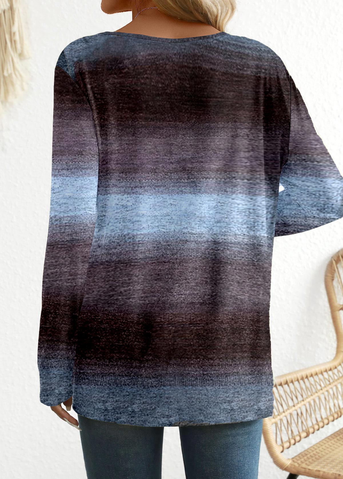 Patchwork Ombre Long Sleeve Round Neck T Shirt