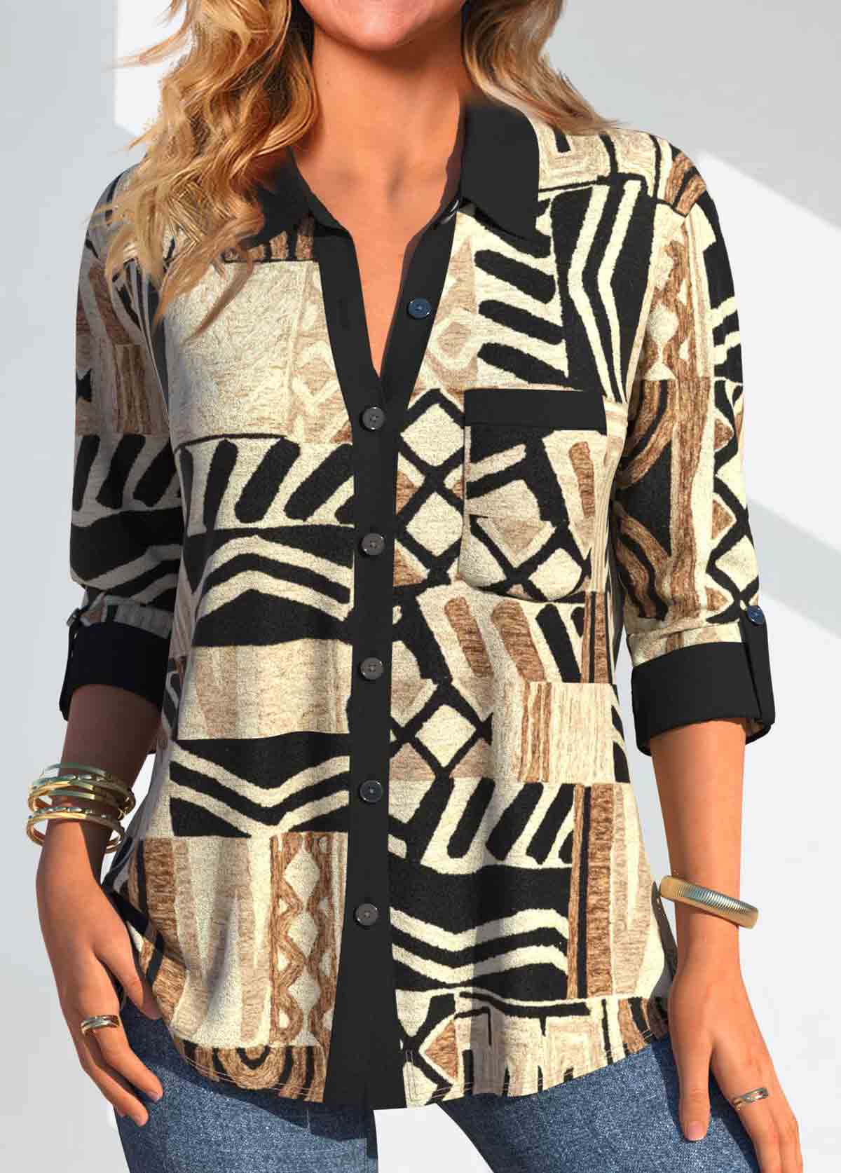 Light Camel Button African Tribal Print Shirt Collar Blouse | picture 