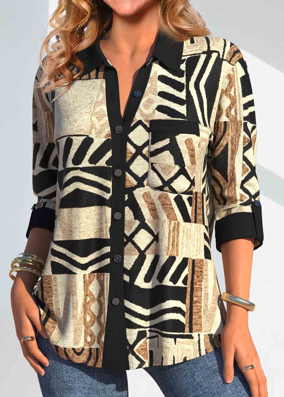 Light Camel Button African Tribal Print Shirt Collar Blouse | picture 
