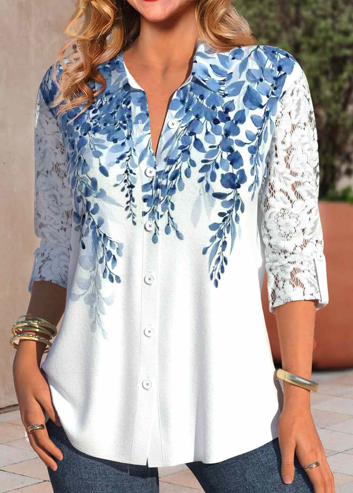 White Lace Leaf Print Long Sleeve Shirt Collar Blouse