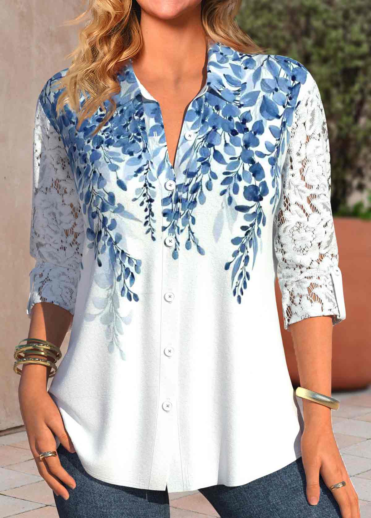 White Lace Leaf Print Long Sleeve Shirt Collar Blouse
