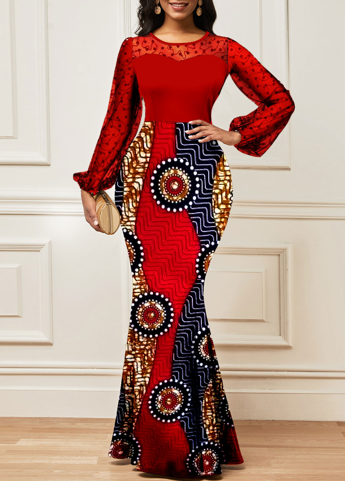 Red Lace Tribal Print Long Sleeve Maxi Bodycon Dress