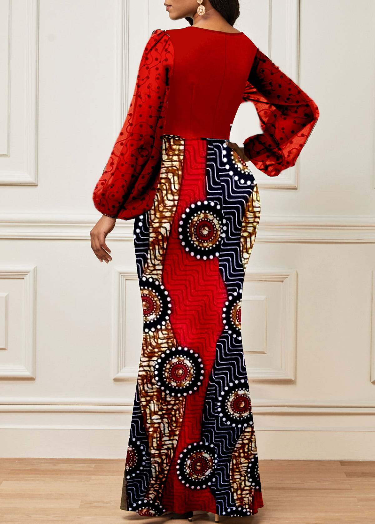 Red Lace Tribal Print Long Sleeve Maxi Bodycon Dress