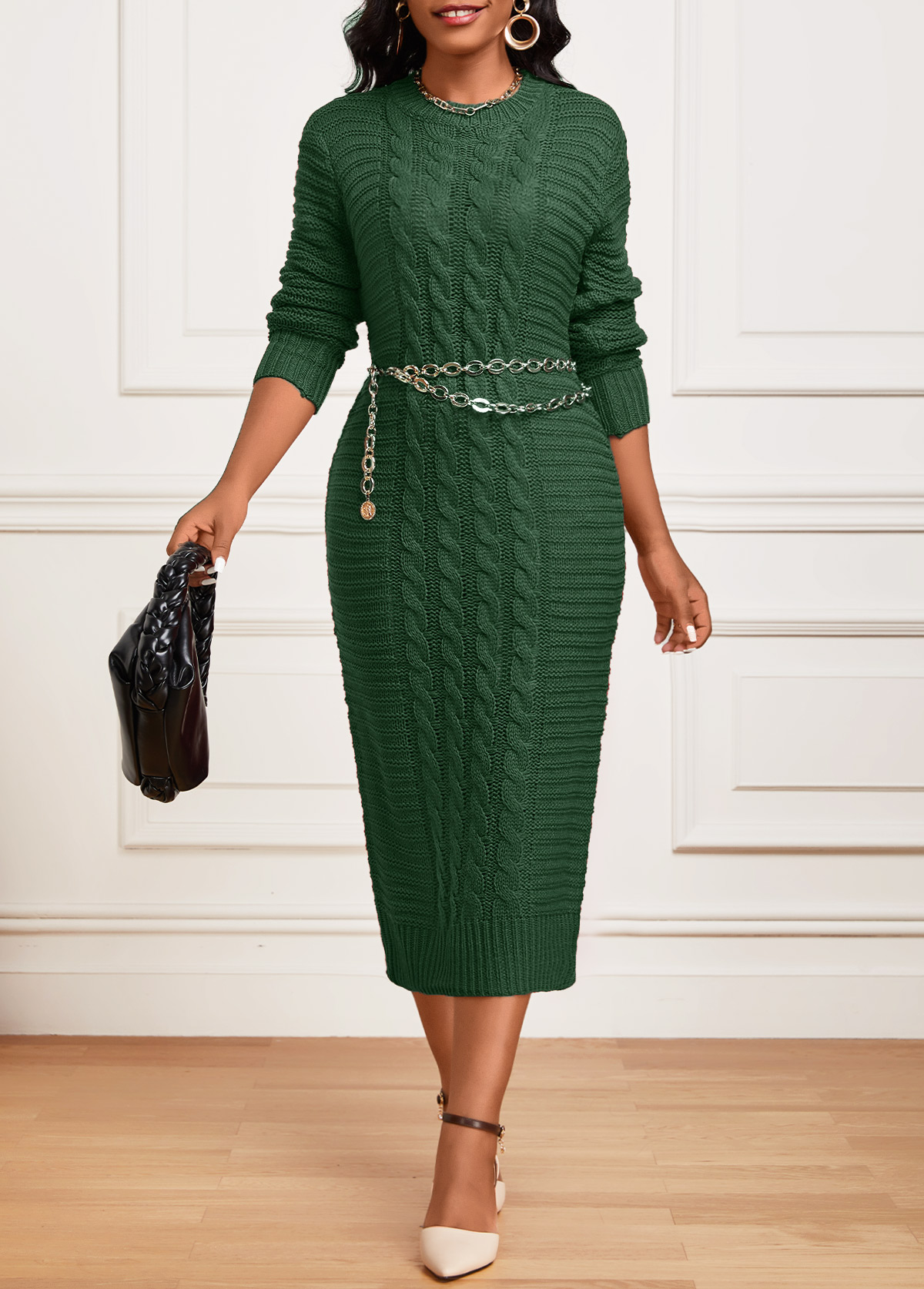 Green Twisted Long Sleeve Round Neck Dress