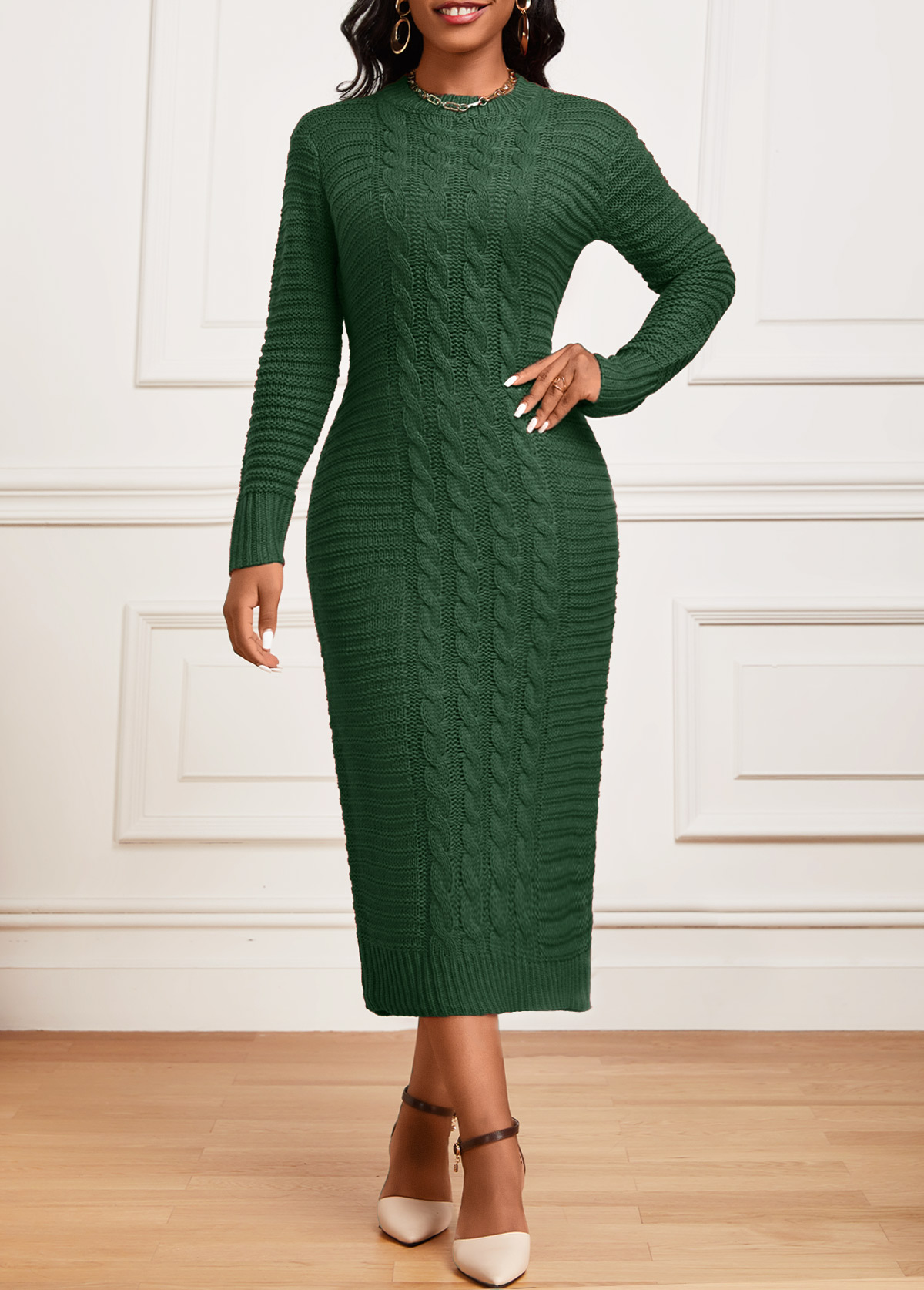Green Twisted Long Sleeve Round Neck Dress