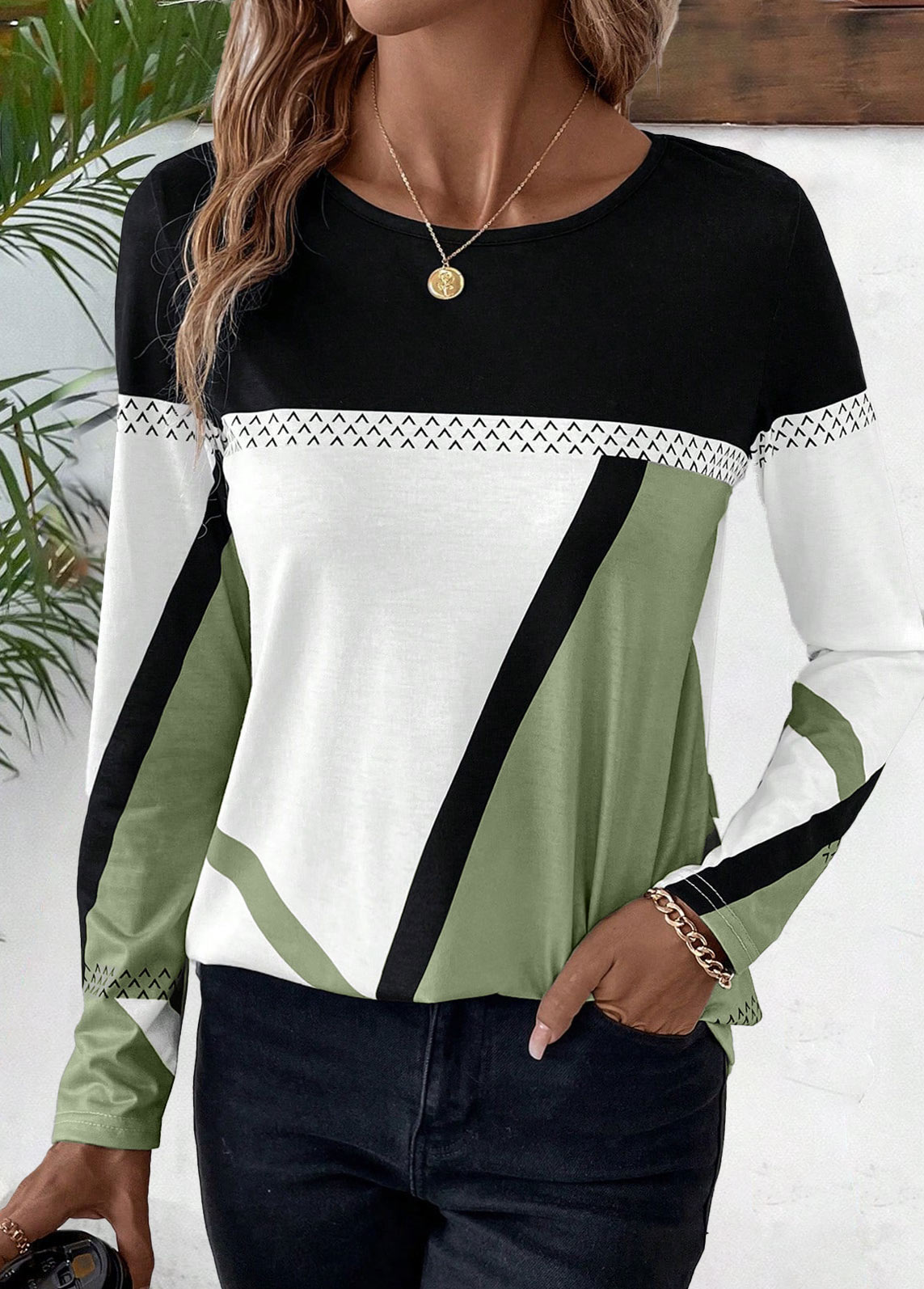 Avocado Green Patchwork Geometric Print Long Sleeve T Shirt