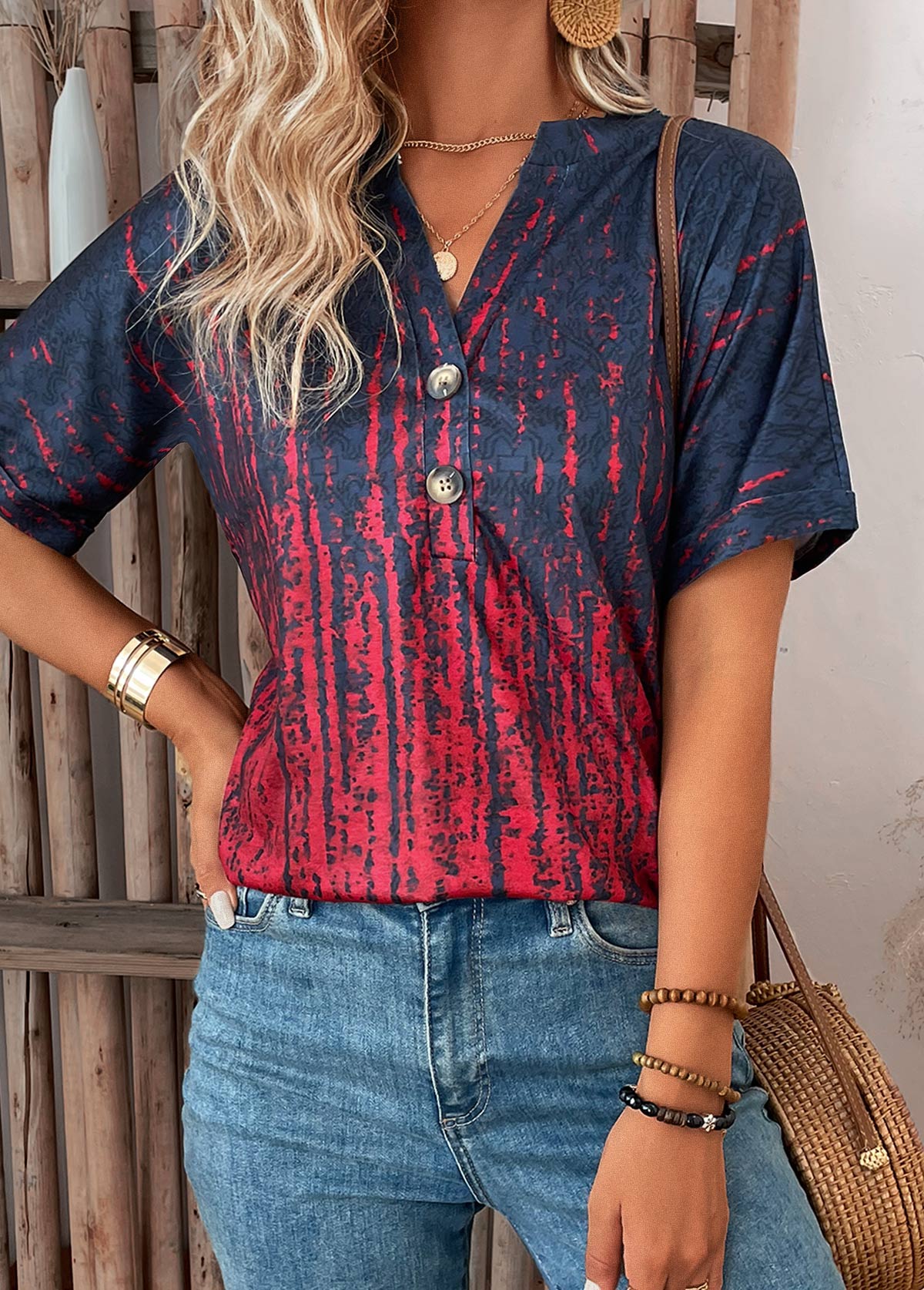 Wine Red Button Ombre Short Sleeve T Shirt | picture 