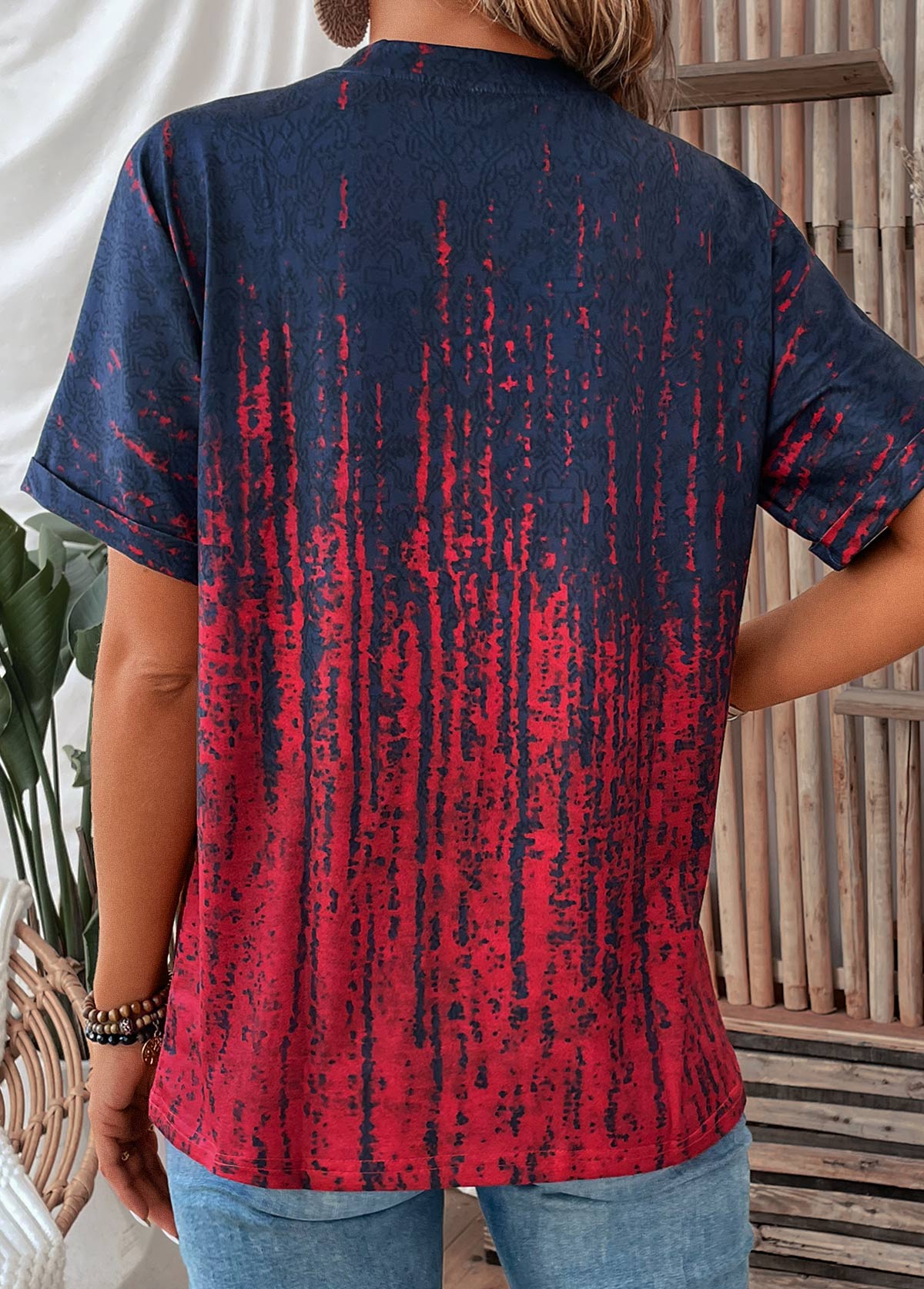 Wine Red Button Ombre Short Sleeve T Shirt