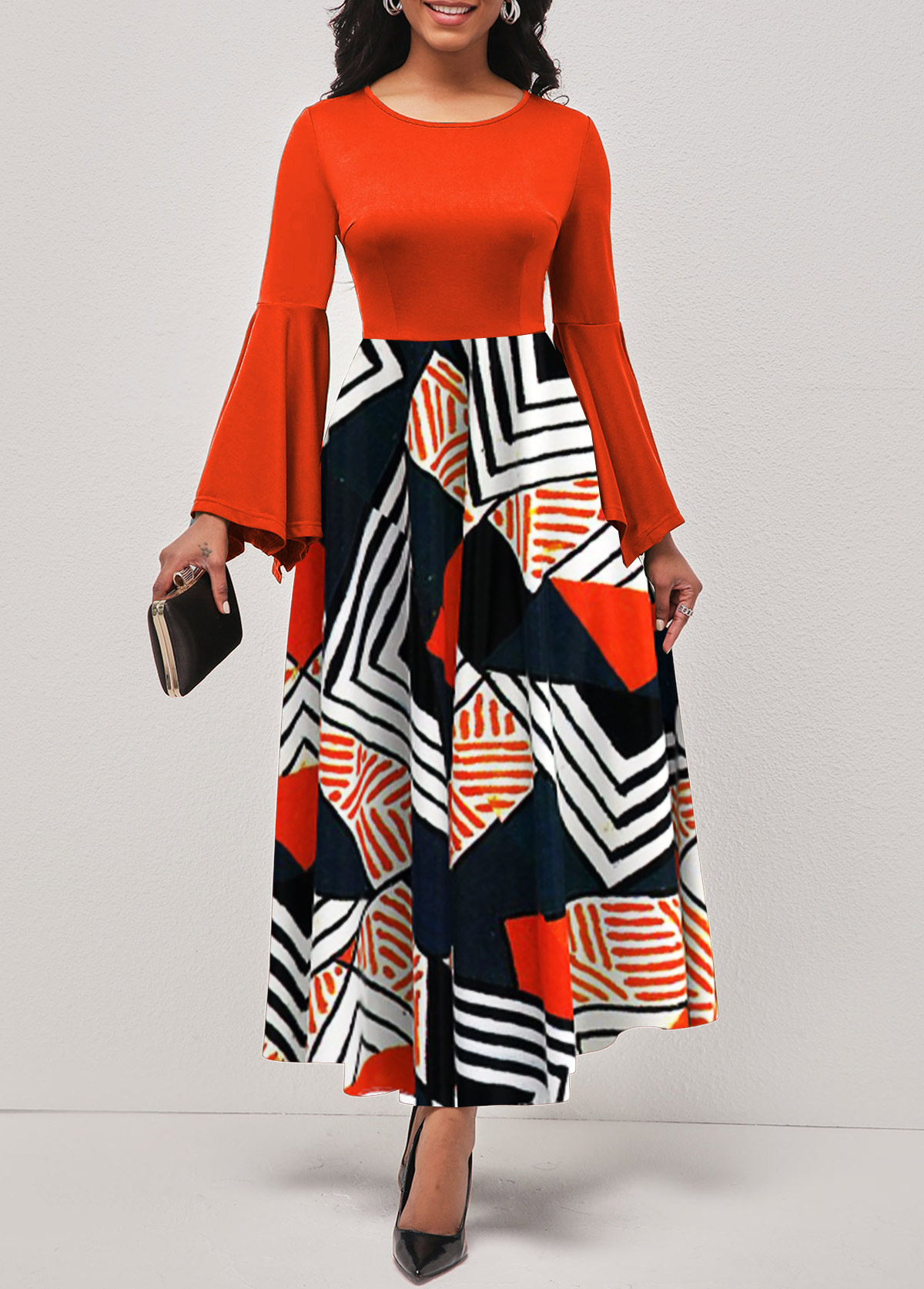 Orange Hanky Sleeve Geometric Print Round Neck Dress