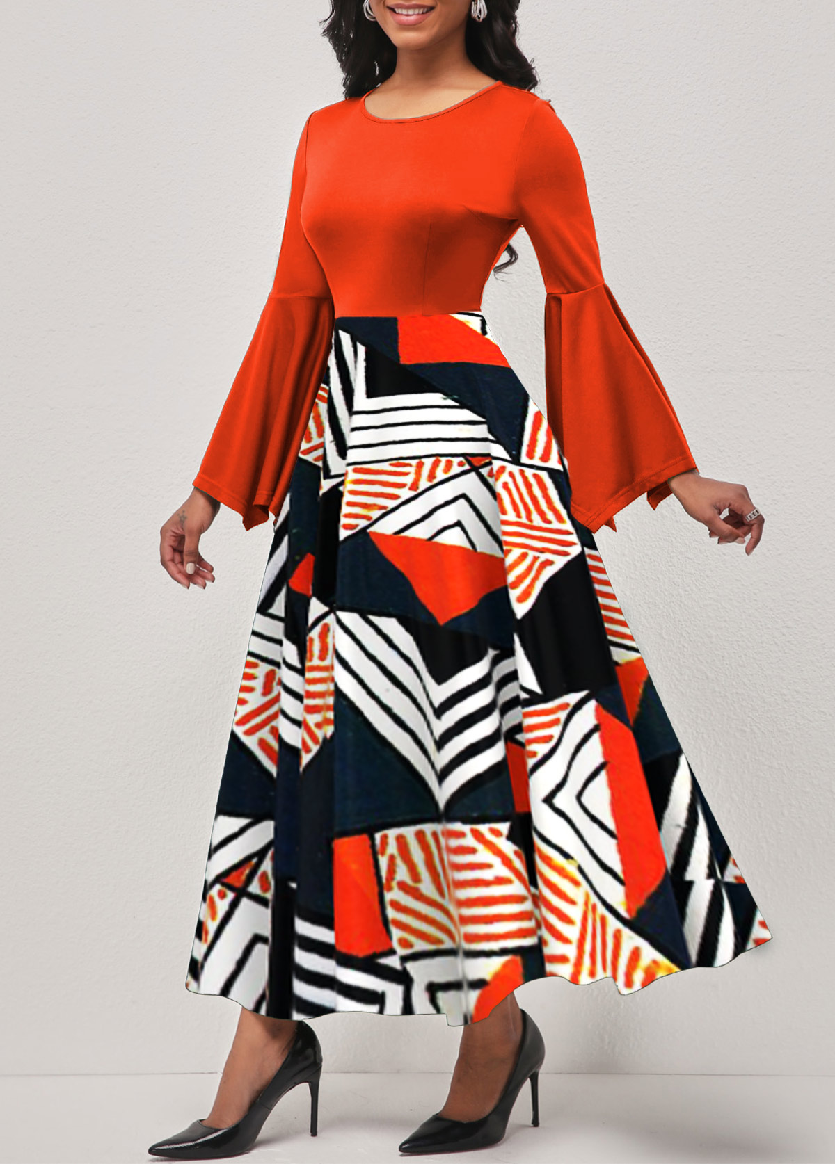 Orange Hanky Sleeve Geometric Print Round Neck Dress