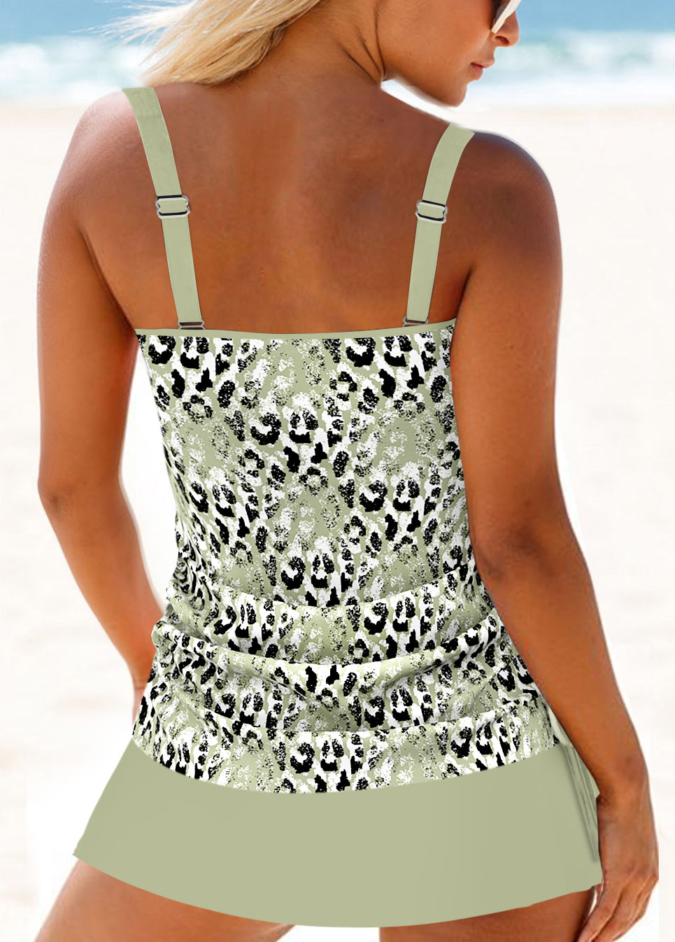Ruched Mid Waisted Leopard Sage Green Tankini Set