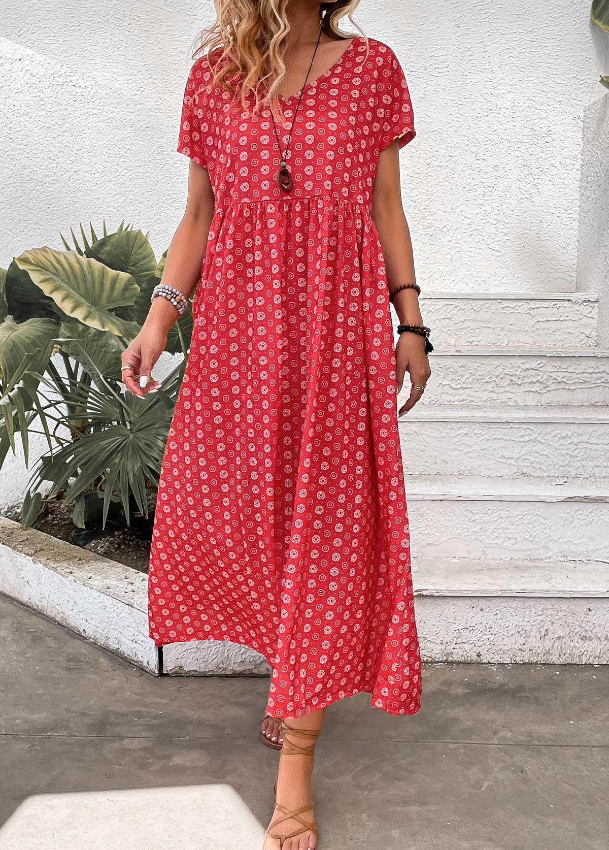 Red Pocket Geometric Print Maxi A Line Dress