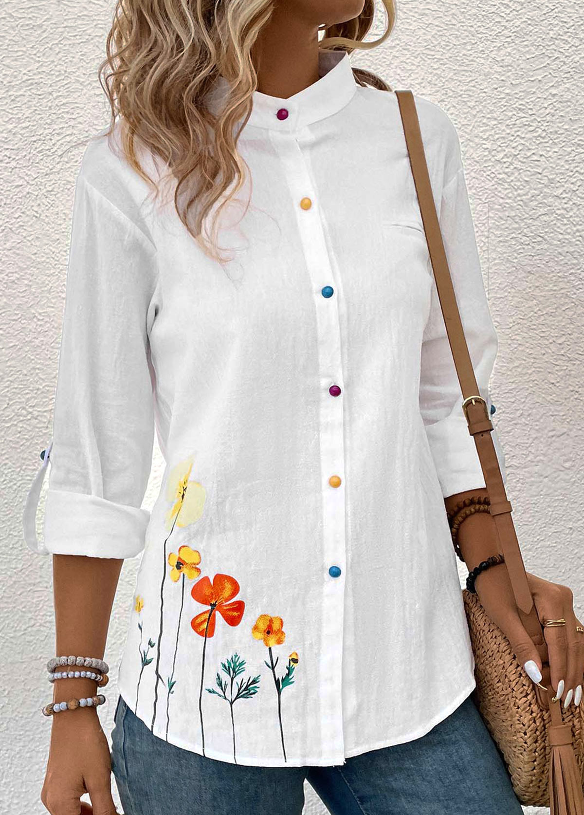 White Button Floral Print Long Sleeve Stand Collar Blouse