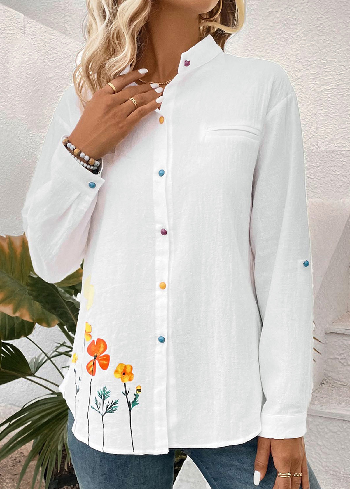 White Button Floral Print Long Sleeve Stand Collar Blouse