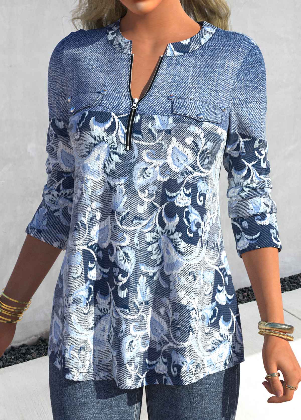 Denim Blue Patchwork Floral Print Long Sleeve Blouse | picture 