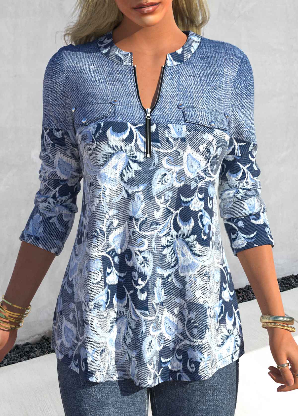 Denim Blue Patchwork Floral Print Long Sleeve Blouse | picture 