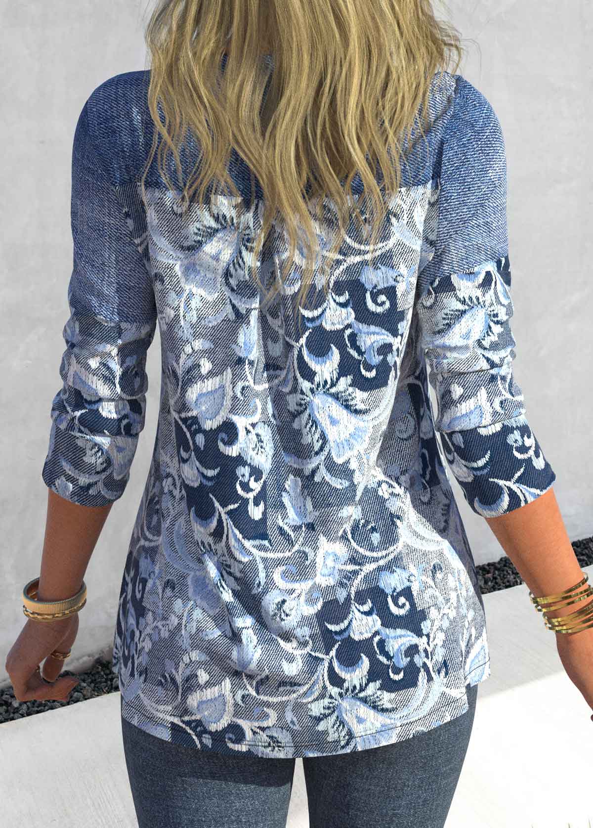 Denim Blue Patchwork Floral Print Long Sleeve Blouse | picture 