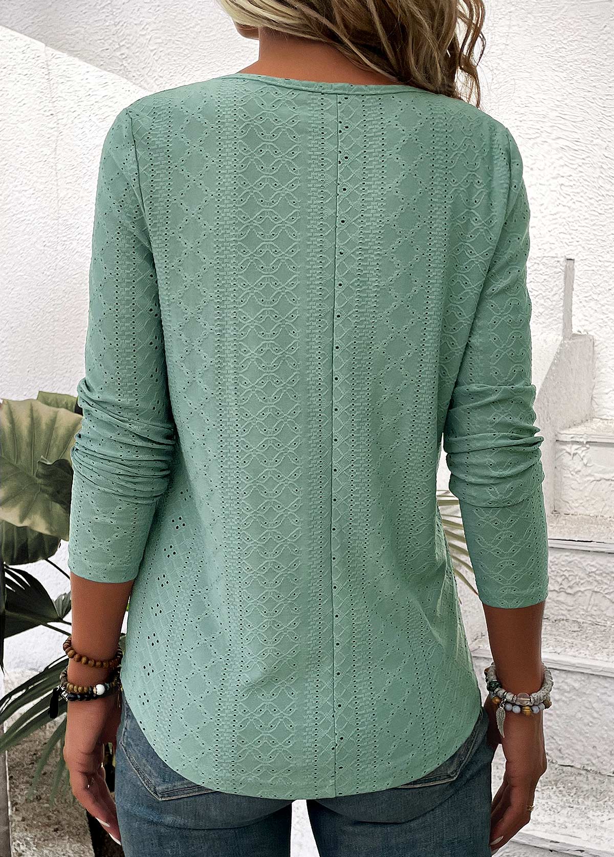 Green Criss Cross Long Sleeve V Neck T Shirt
