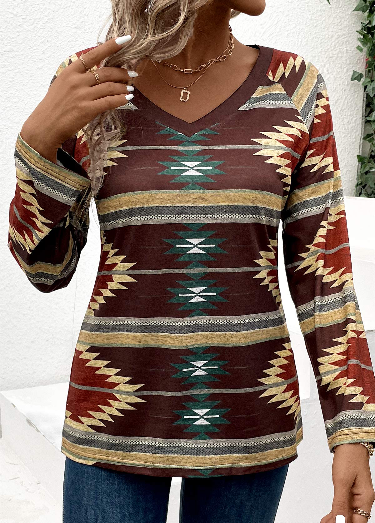 Dark Coffee Tribal Print Long Sleeve T Shirt