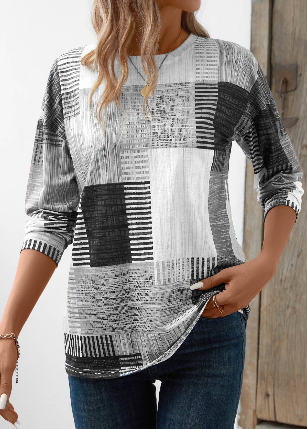Black Friday Grey Patchwork Geometric Print T Shirt